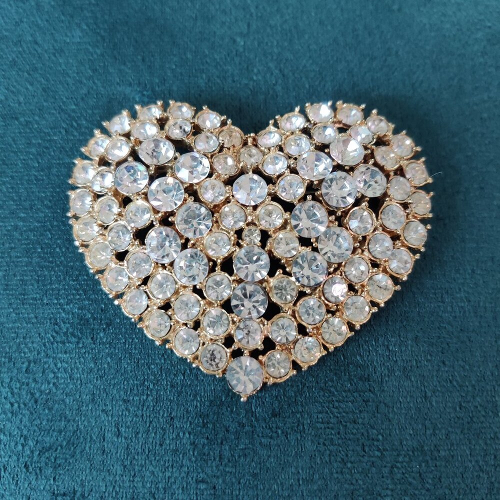 Vintage Signed CRAFT Rhinestone Encrusted HEART Brooch 1980's *Large 2.75"